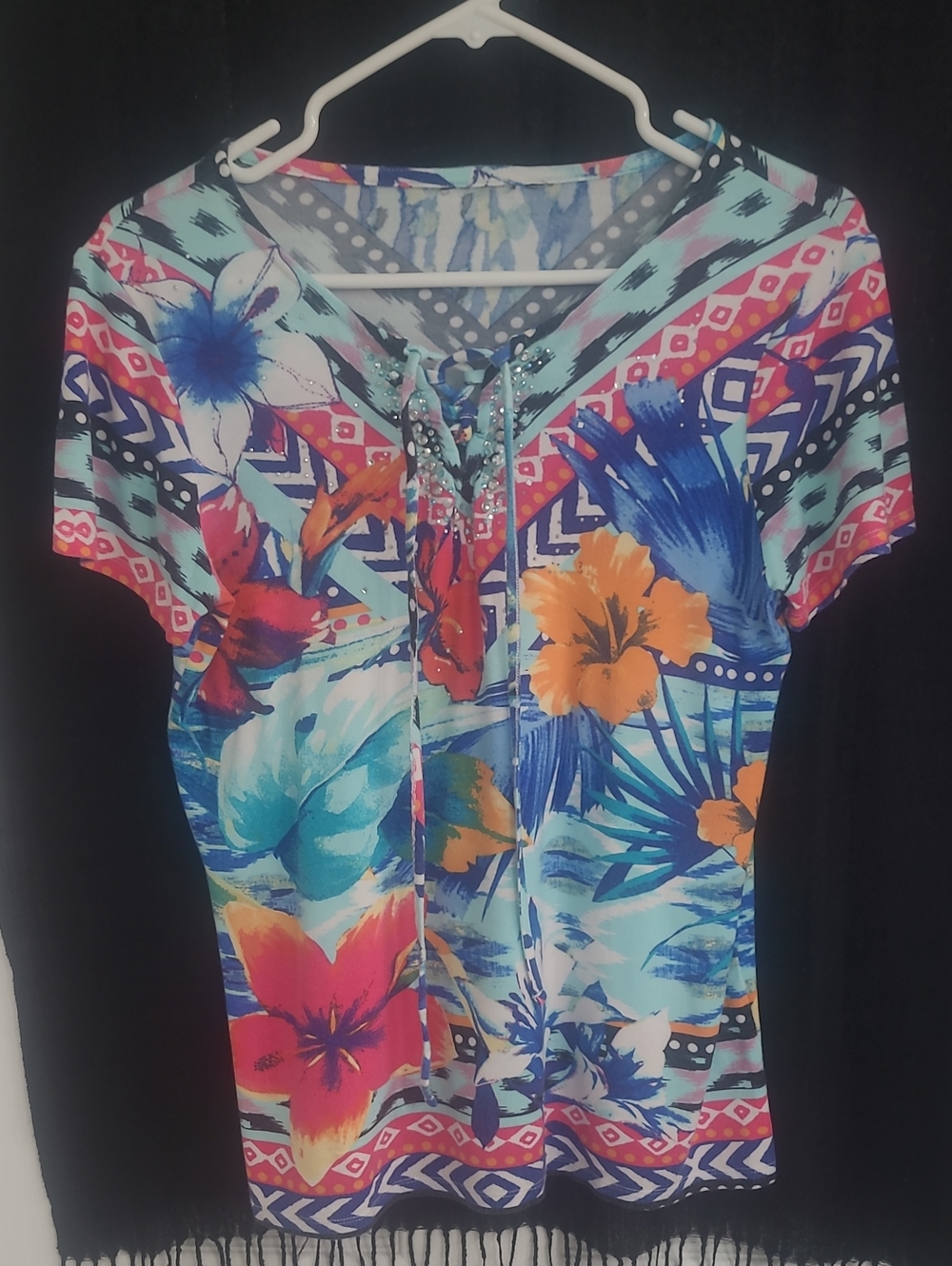 Floral Lace-Up Short Sleeve T-shirt Top - Multicolor Tropical